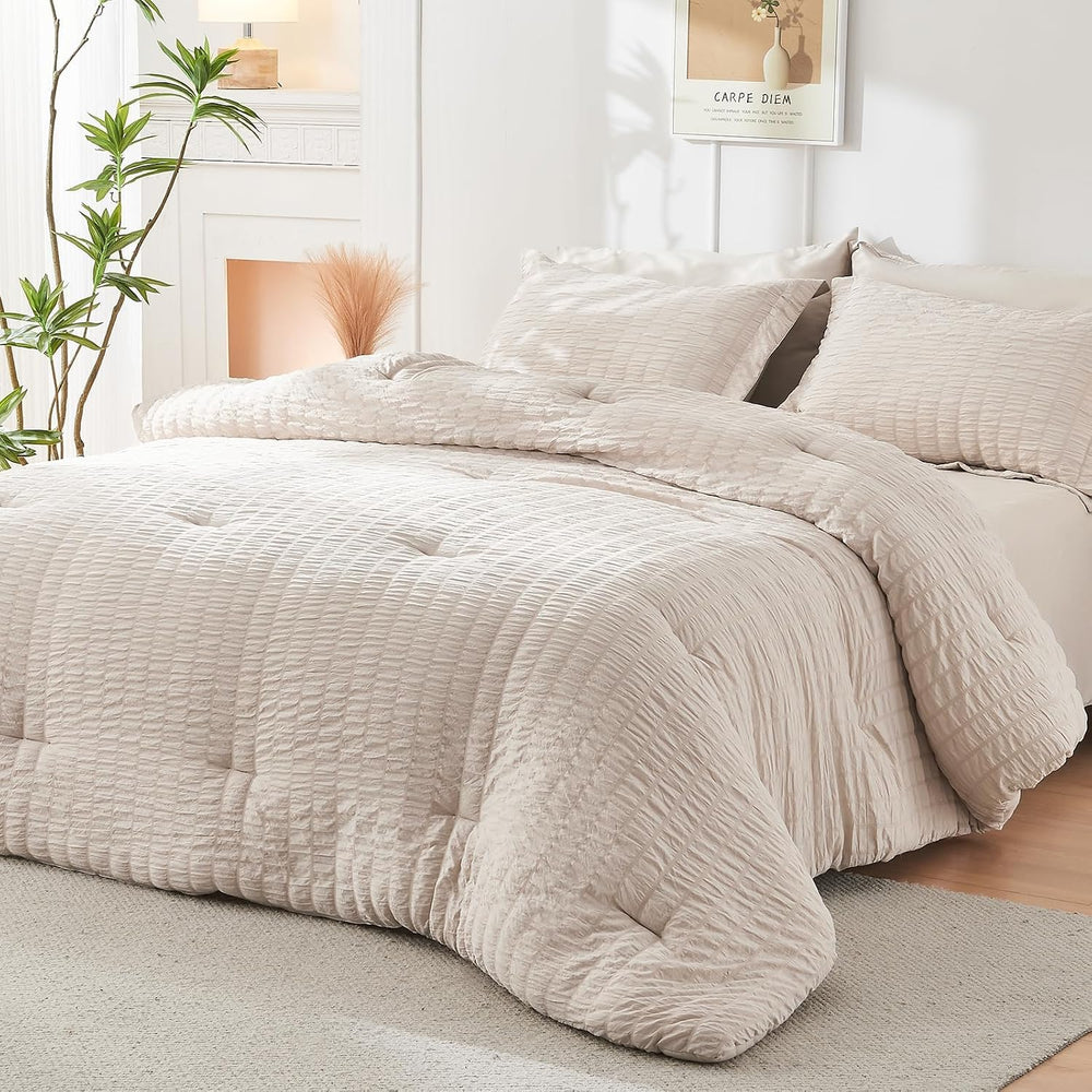 Queen Comforter Set - 7PCS Bed in a Bag, Seersucker Bedding Set, Beige