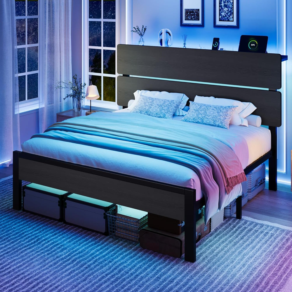 SHA CERLIN Queen Size Bed Frame, Led Light, Charging Station, Storage Shelf
