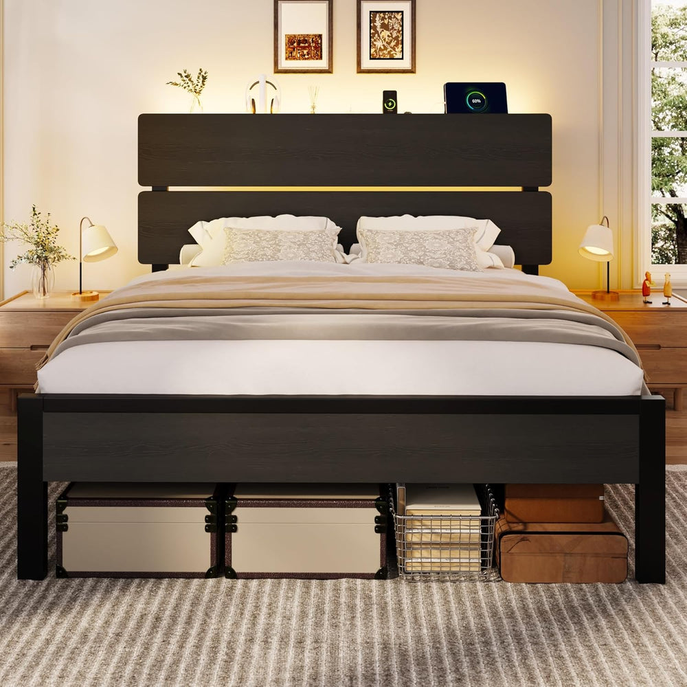 SHA CERLIN Queen Size Bed Frame, Led Light, Charging Station, Storage Shelf