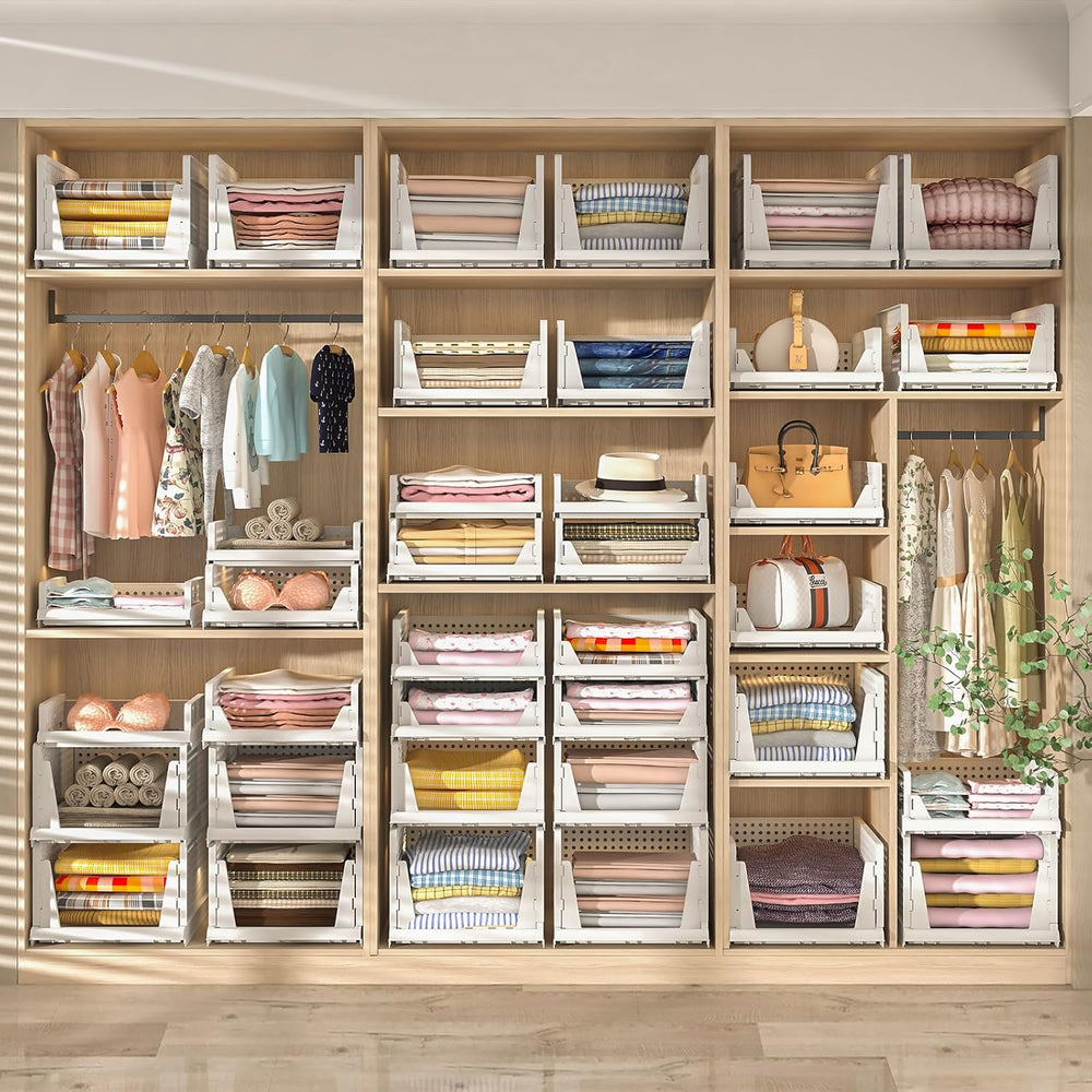 5 Packs Stackable Plastic Storage Basket for Closet Foldable Closet Organizer...