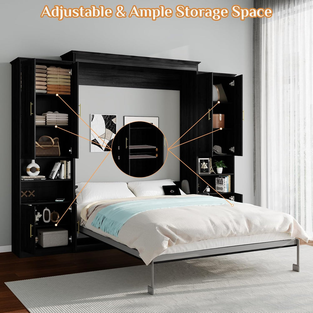 Rophefx Full Murphy Bed with 2 Side Cabinets, USB, Shelves,Black and Grey