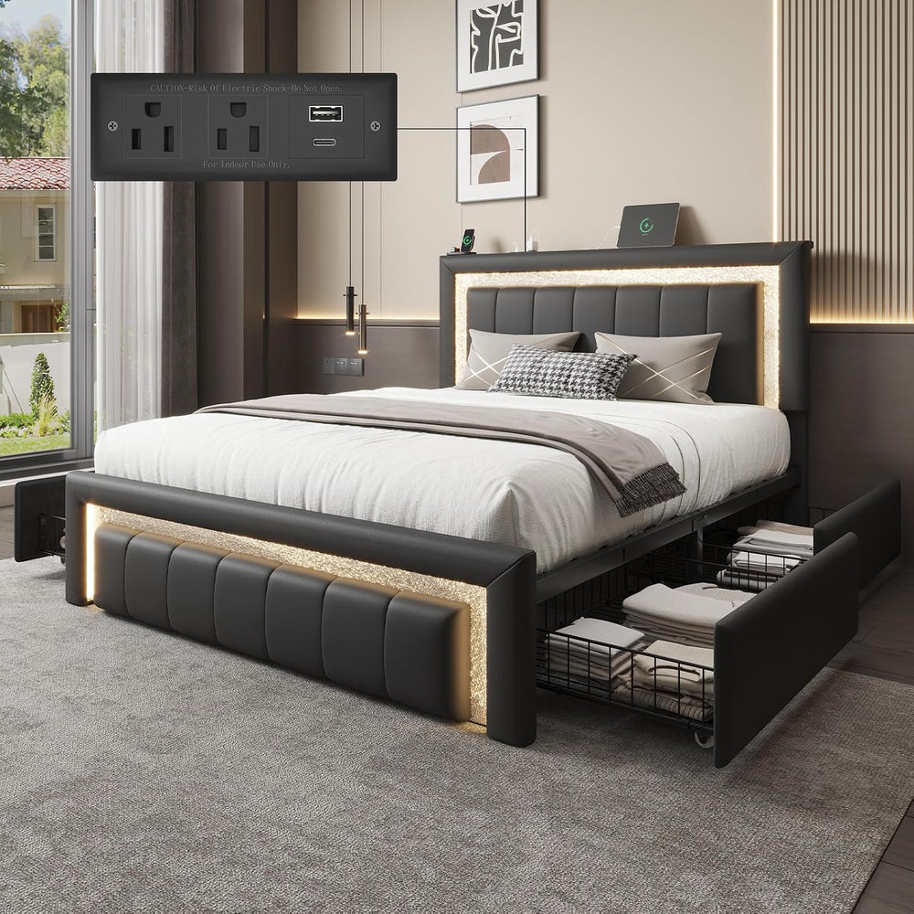 Full Bed Frame with Charging Station, Storage Drawers, Upholstered Black
