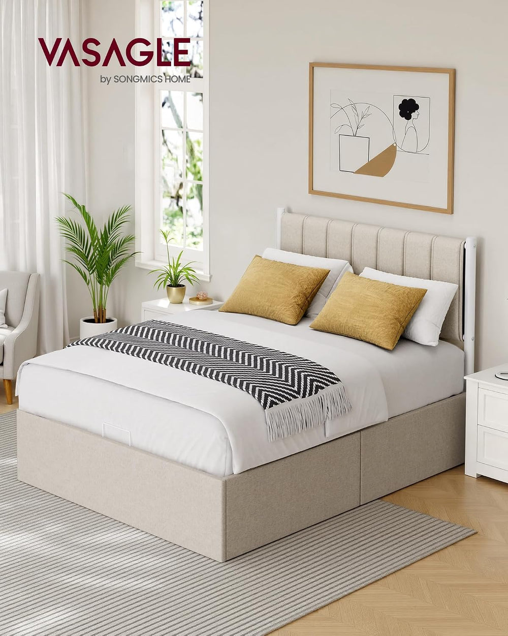 VASAGLE Lift Up Storage Bed Frame, Full Size, Upholstered Headboard