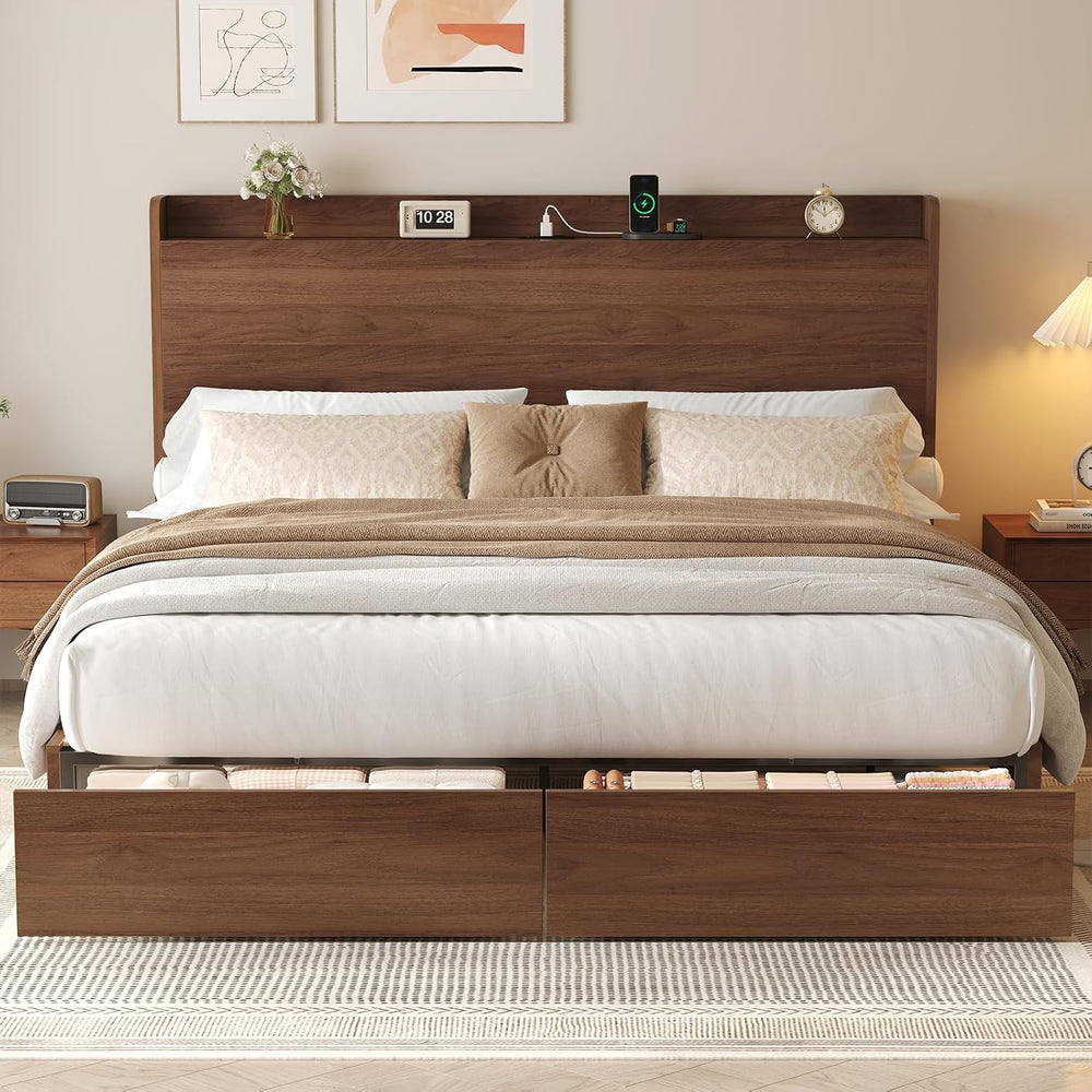 King Size Bed Frame with Storage Headboard & 2 Drawers, Mid-Century Moder...