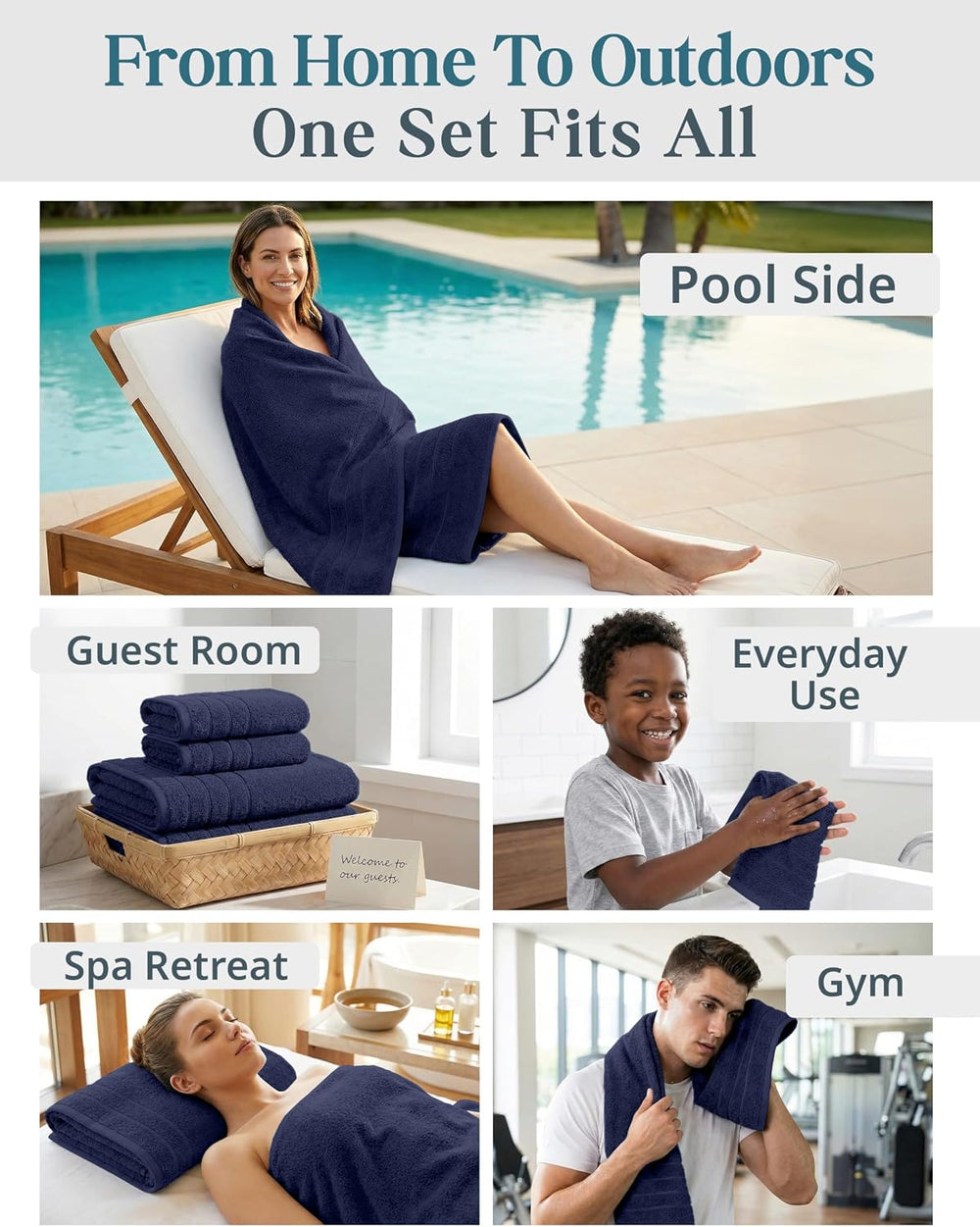 Casa Platino Bathroom Towel Set 12 Piece Soft Absorbent Quick Dry - Navy