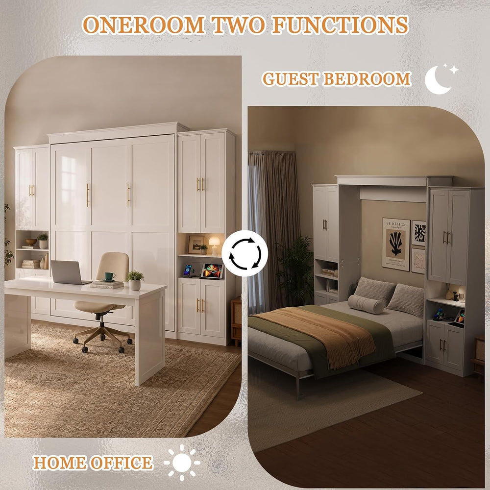 Murphy Bed Queen with 2 Storage Cabinets and USB Port, White