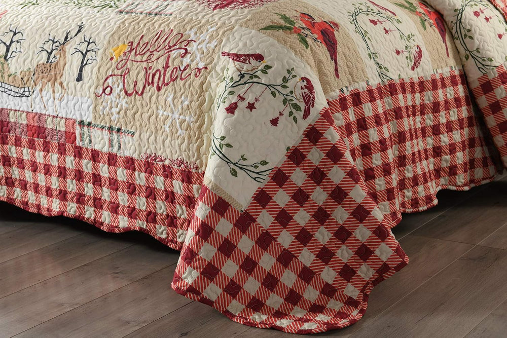 MarCielo Christmas Reindeer Plaid Quilt Set Red Patchwork Bedding Bedspread