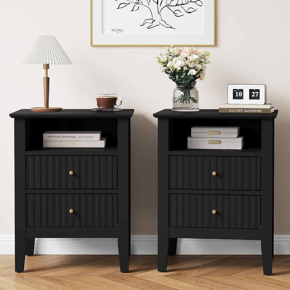 RoyalCraft Black Fluted Nightstand Set of 2, Colorful Nightstand with 2 Drawe...