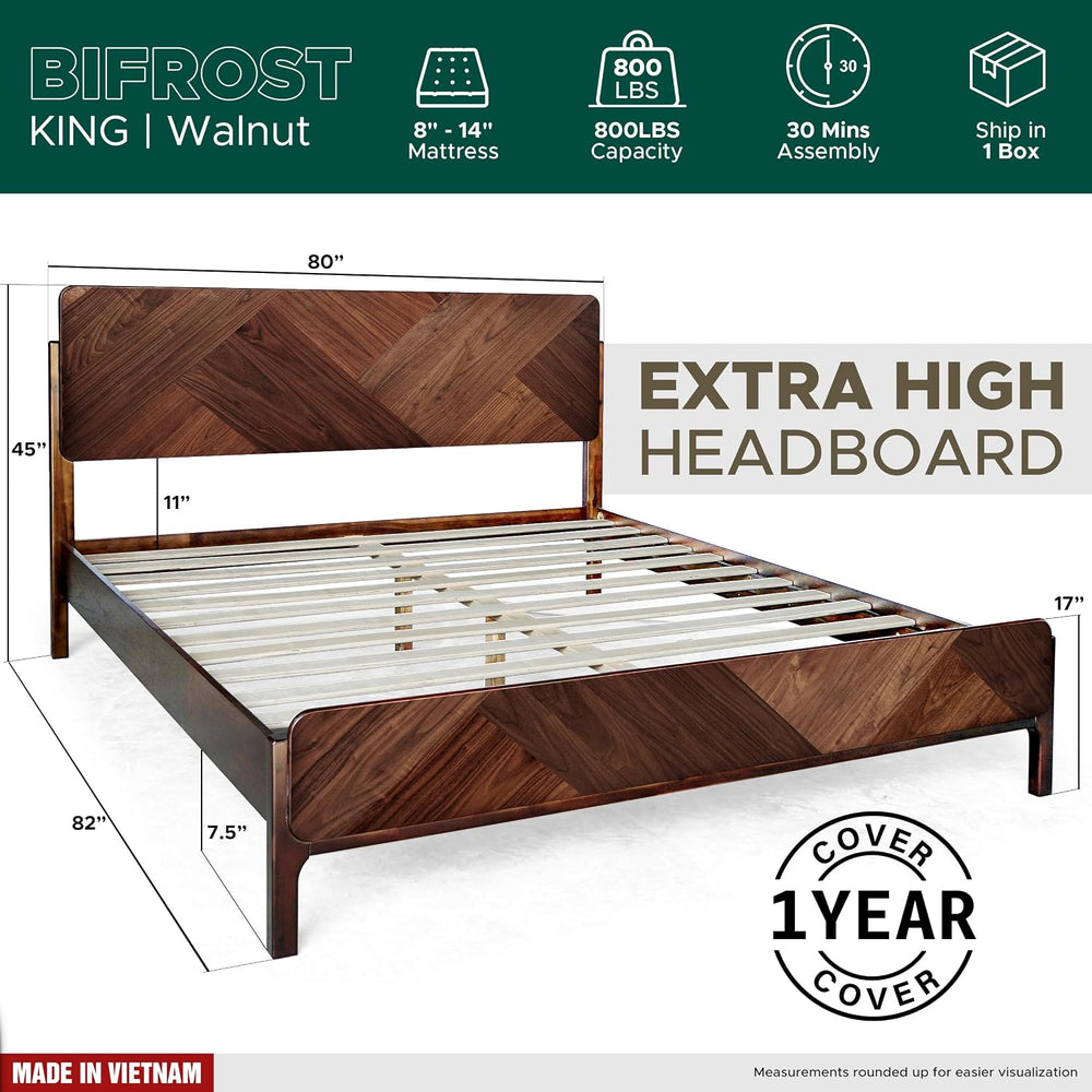 Bifrost King Solid Wood Bed Frame with Headboard & Footboard, Walnut