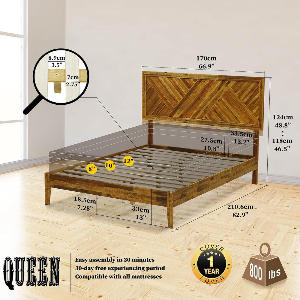 Acacia Sierra Bed Frame with Headboard Solid Wood Platform Bed, Queen Bed Fra...