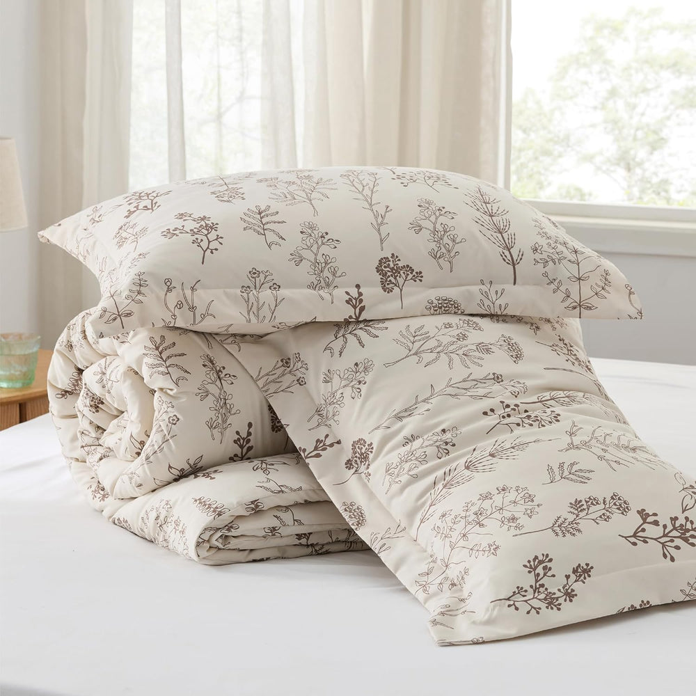 Bedsure Floral Comforter Set Cute Bedding Set Queen Reversible Beige