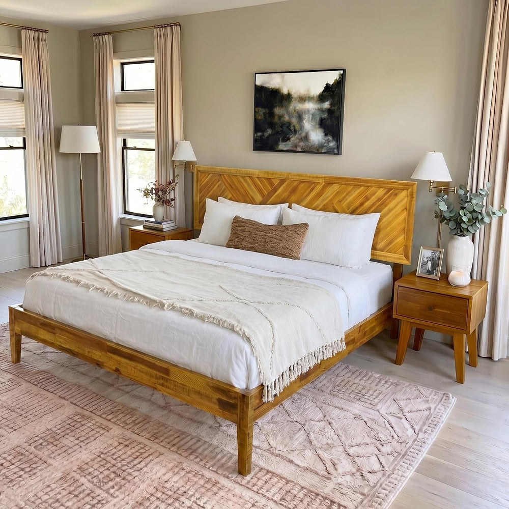Acacia Sierra Bed Frame with Headboard Solid Wood Platform Bed, Queen Bed Fra...