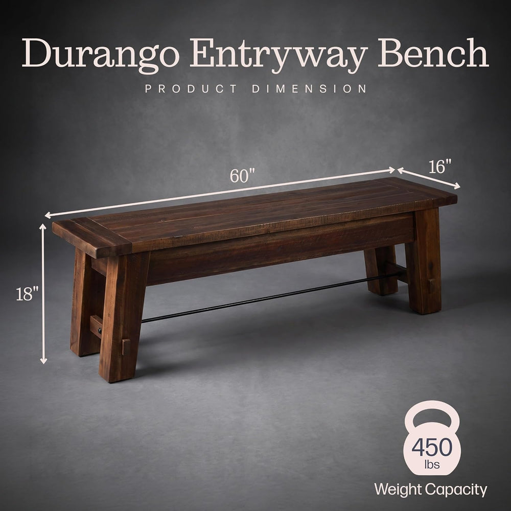 Alaterre Durango Rustic Industrial Solid Wood Entryway Bench, Natural, 60”