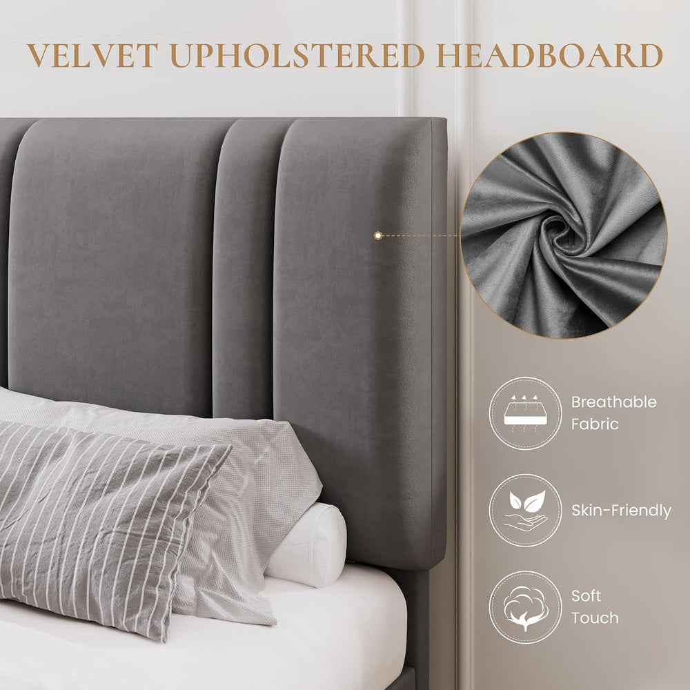 SHA CERLIN Queen Size Velvet Bed Frame with Adjustable Headboard, Grey