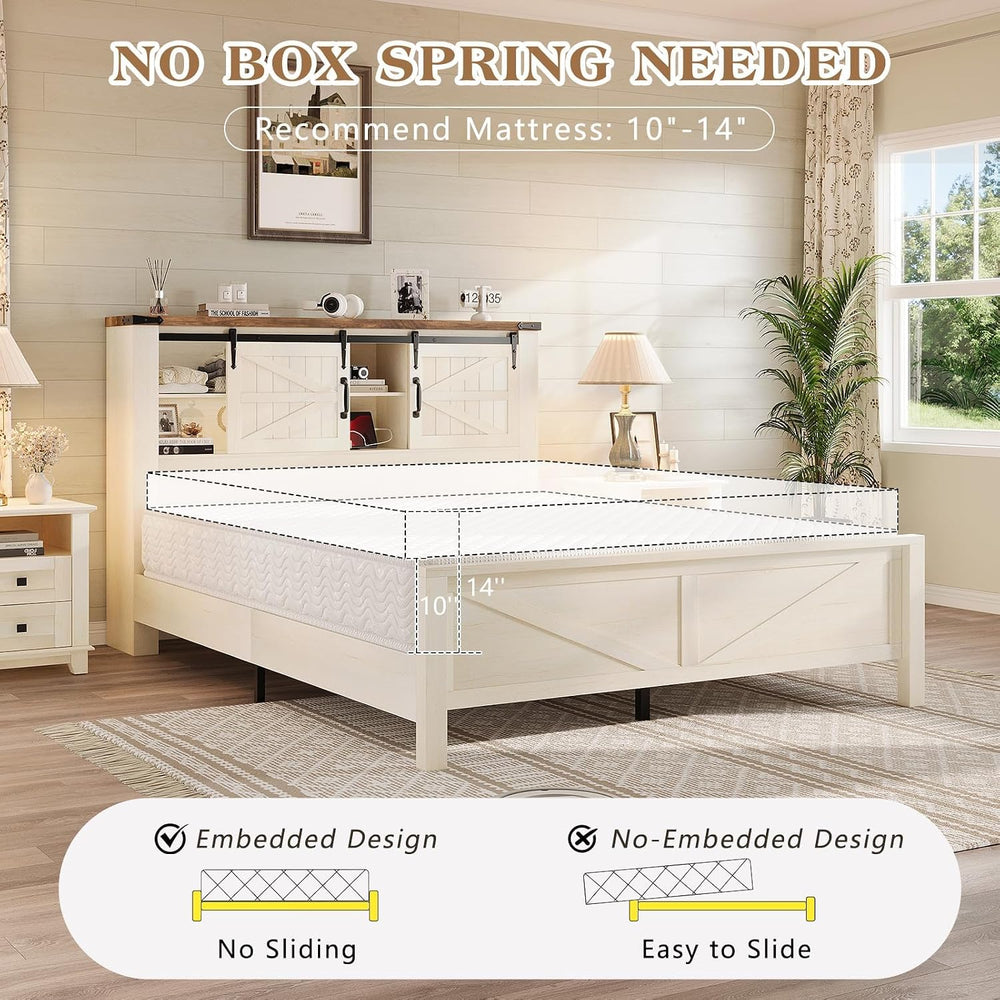 LUXOAK Queen Size Farmhouse Platform Bed Featuring Storage Headboard