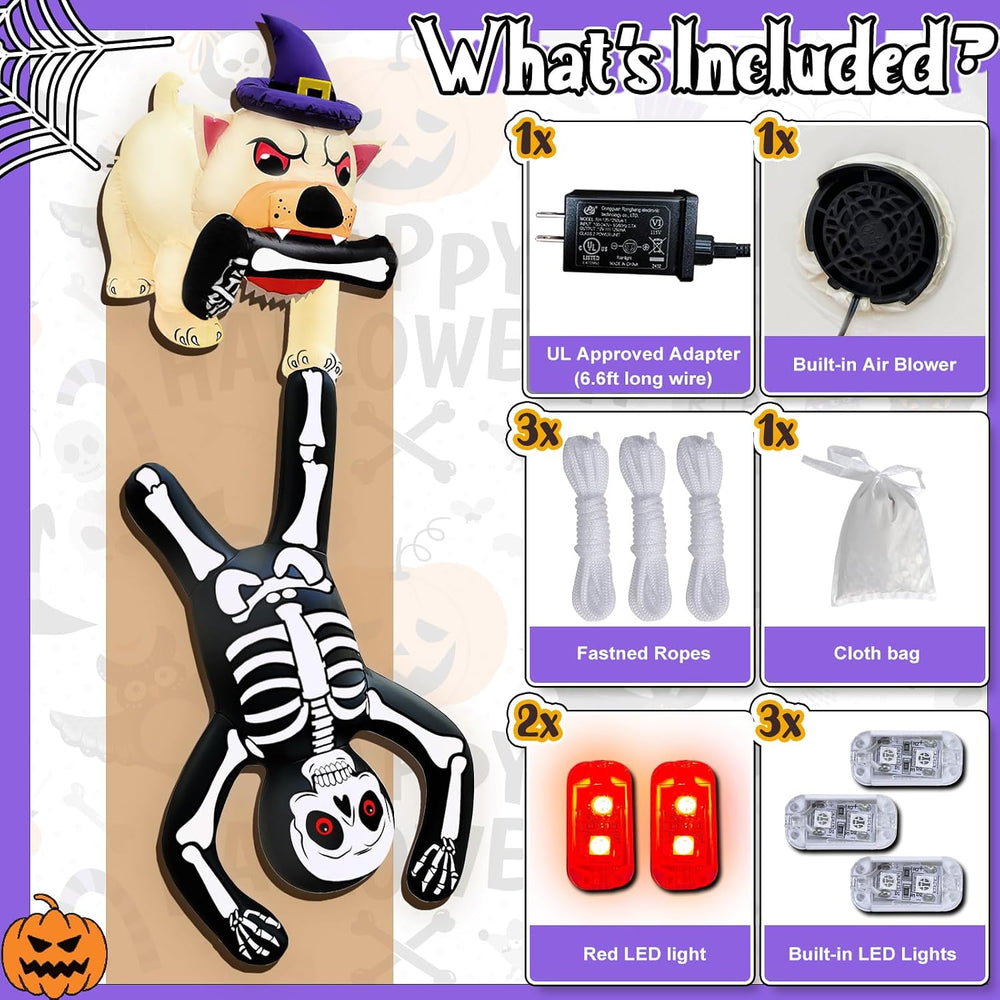 8FT LED Lighted Up Halloween Inflatables Dog Pulling Skeleton Blow Ups