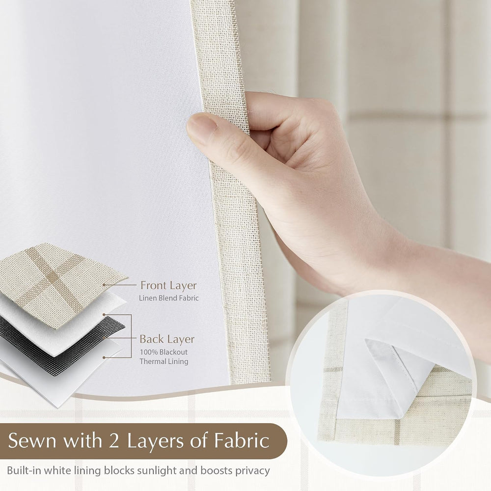 DriftAway 100% Blackout Plaid Linen Curtains 84 Inches Long 2 Panels Taupe
