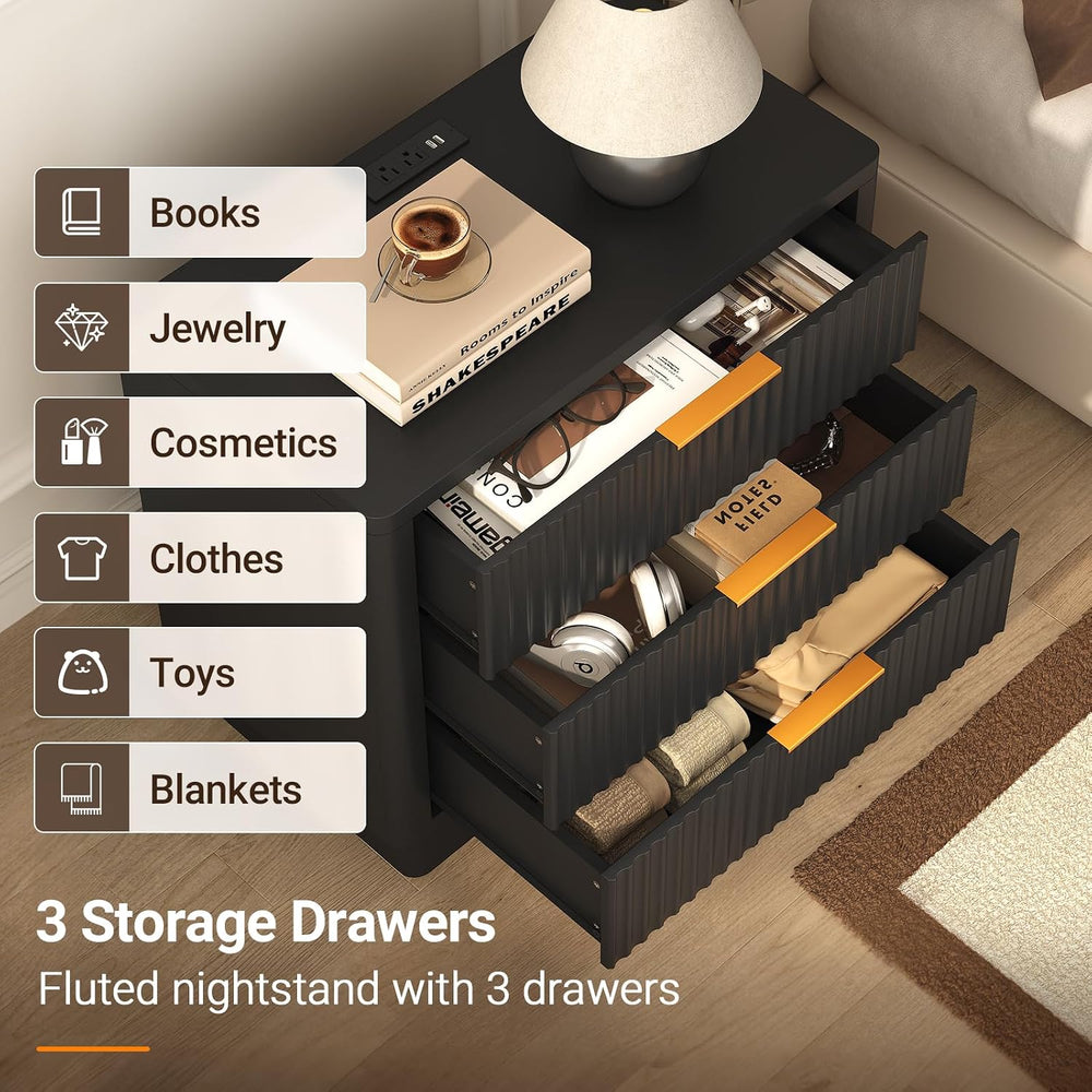 ELYKEN 24'' Black Nightstand with 3 Drawers & Outlet, Fluted End ...