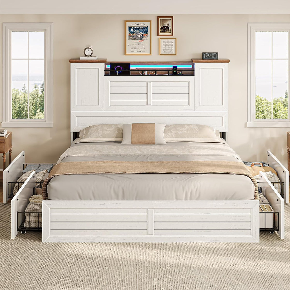 viagdo full bed frame with headboard and storage, front angle view