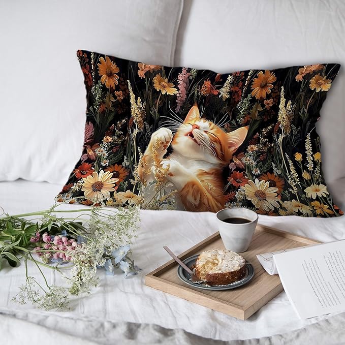Boho Moody Floral Orange Cat Pillow Covers 12x20 Set of 2, Cat Mom Lady Lovers - Image 6