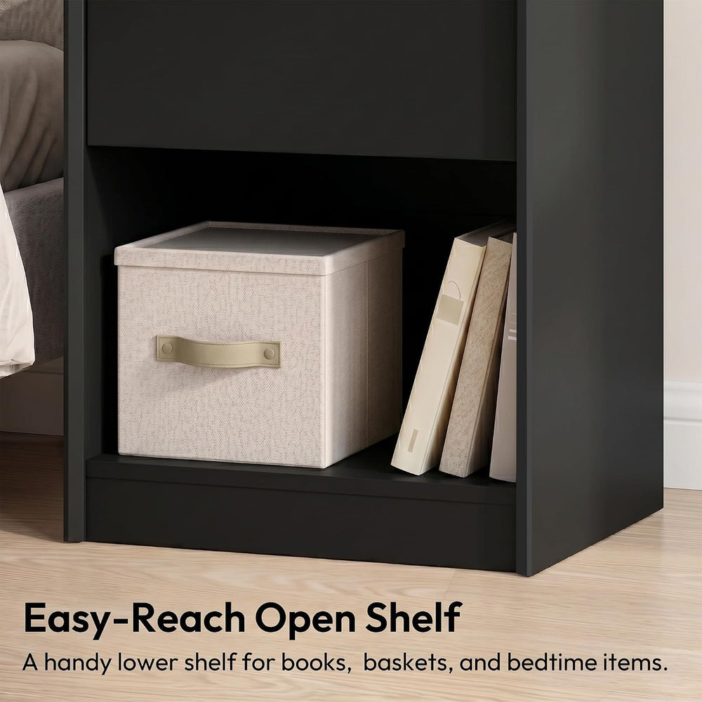 Black 24"H Nightstand, Drawer & Open Shelf, Small Bedside Table