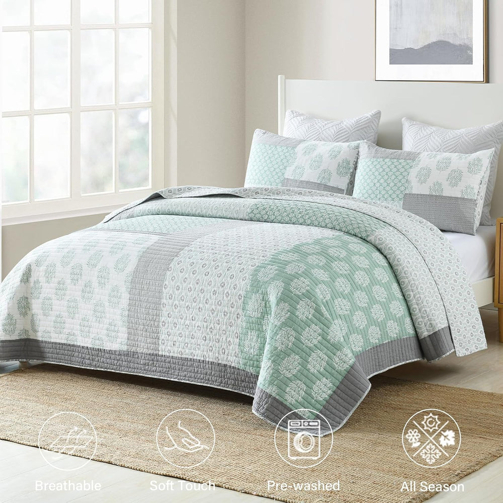 Finlonte Quilts Queen Size, 100% Cotton Queen Comforter Set, Green Grey Farmh...