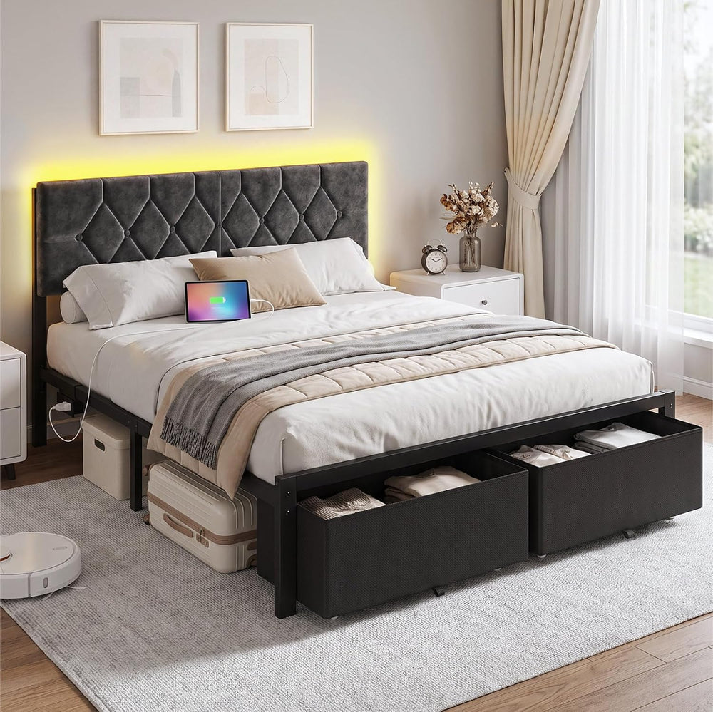 Queen Size Bed Frame with 2 Storage Drawers & Upholstered Headboard