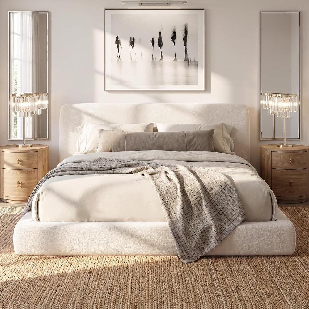 Full Size Cloud Bed Frame, White Upholstered Platform Bed Frame, Bed Base