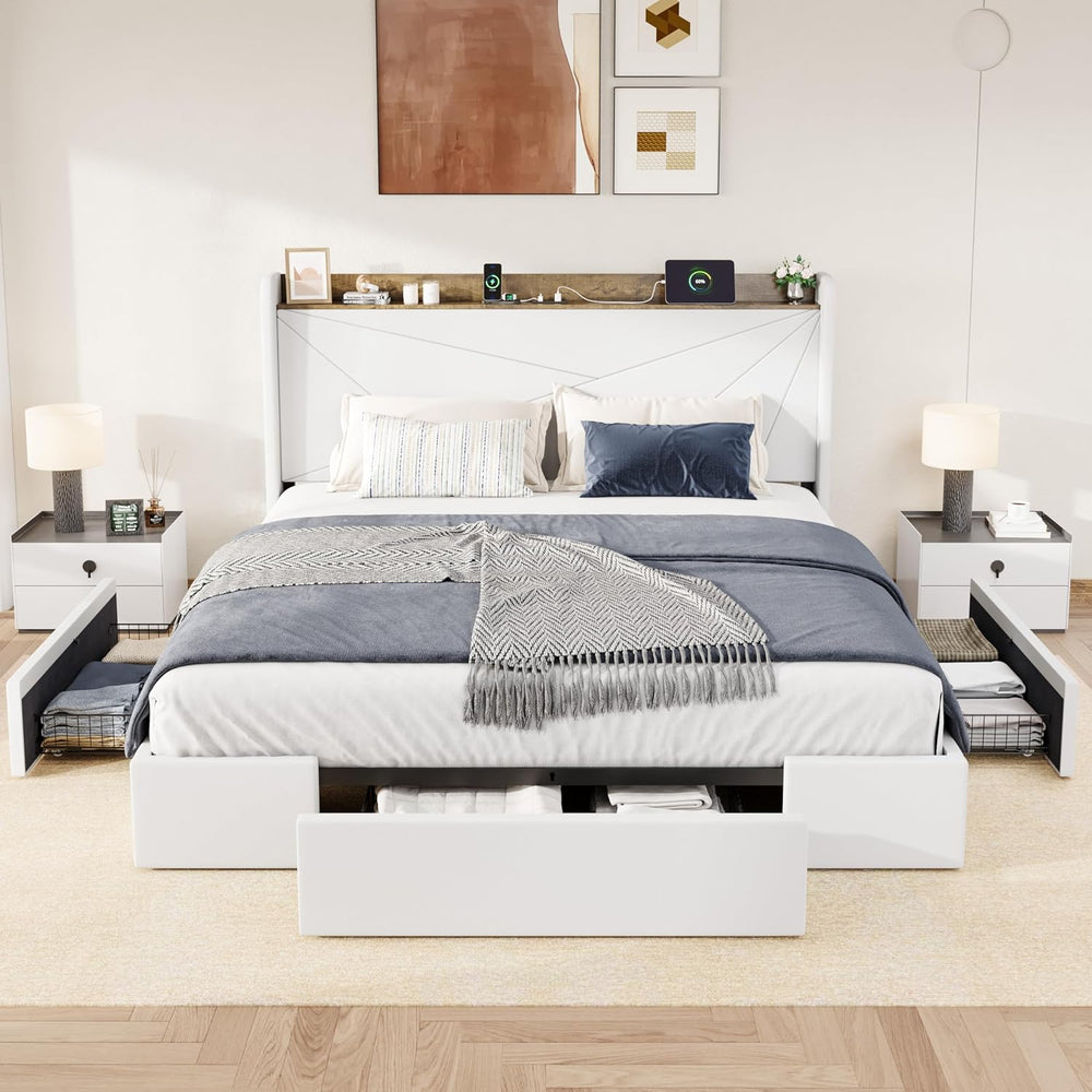 Allewie King Size Velvet Bed Frame with Storage Drawer and USB Ports, White