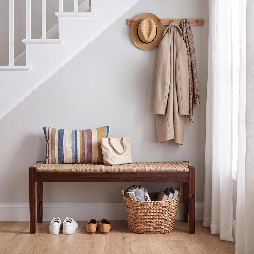 Vintage Entryway Bench with Woven Rope Seat, 46" Acacia Wood, Dark Brown