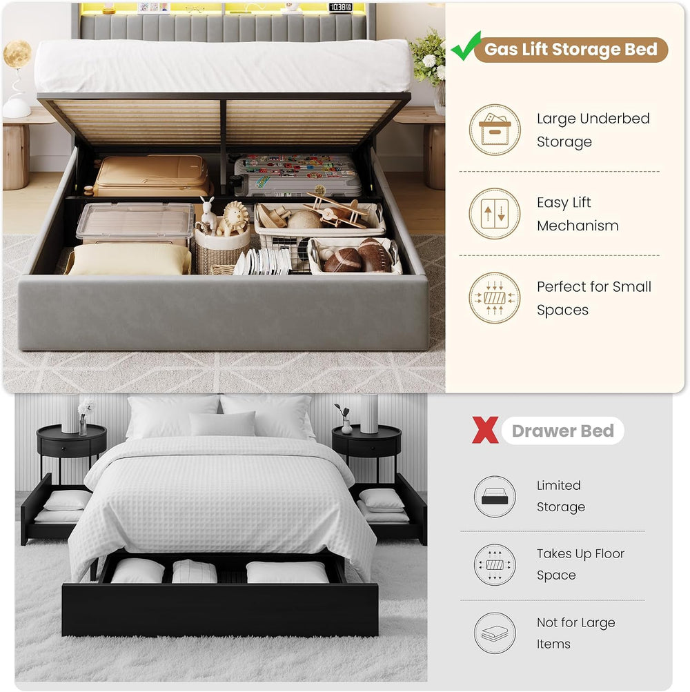 SHA CERLIN Full Size LED Lift Up Storage Bed Frame Charging Station, Grey