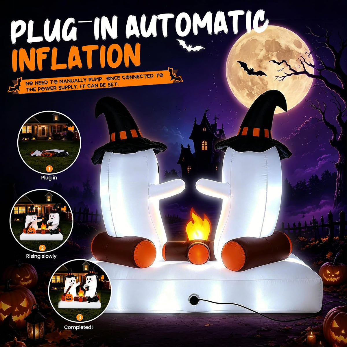 Halloween Inflatables Outdoor Decorations, 5.5FT Blow Up Yard Decorations Twin Ghosts with Campfire Pumpkin Black Cat, Built-in LED Lights, 7 Stakes 3 Hooks for Lawn Porch Party