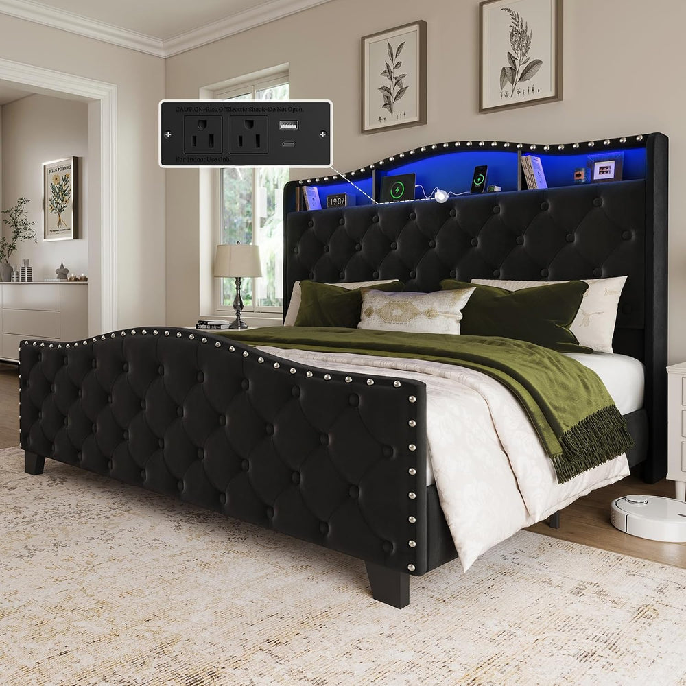 Belffin Platform Bed Frame with 50.9" LED Headboard, Queen Black