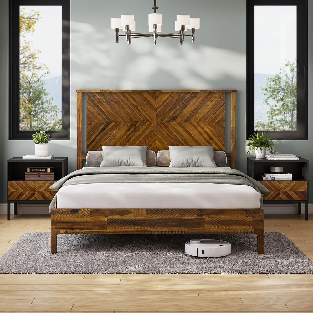 Bme Vivian 14 Inch Queen Size Bed Frame with Headboard, Rustic & Scandina...