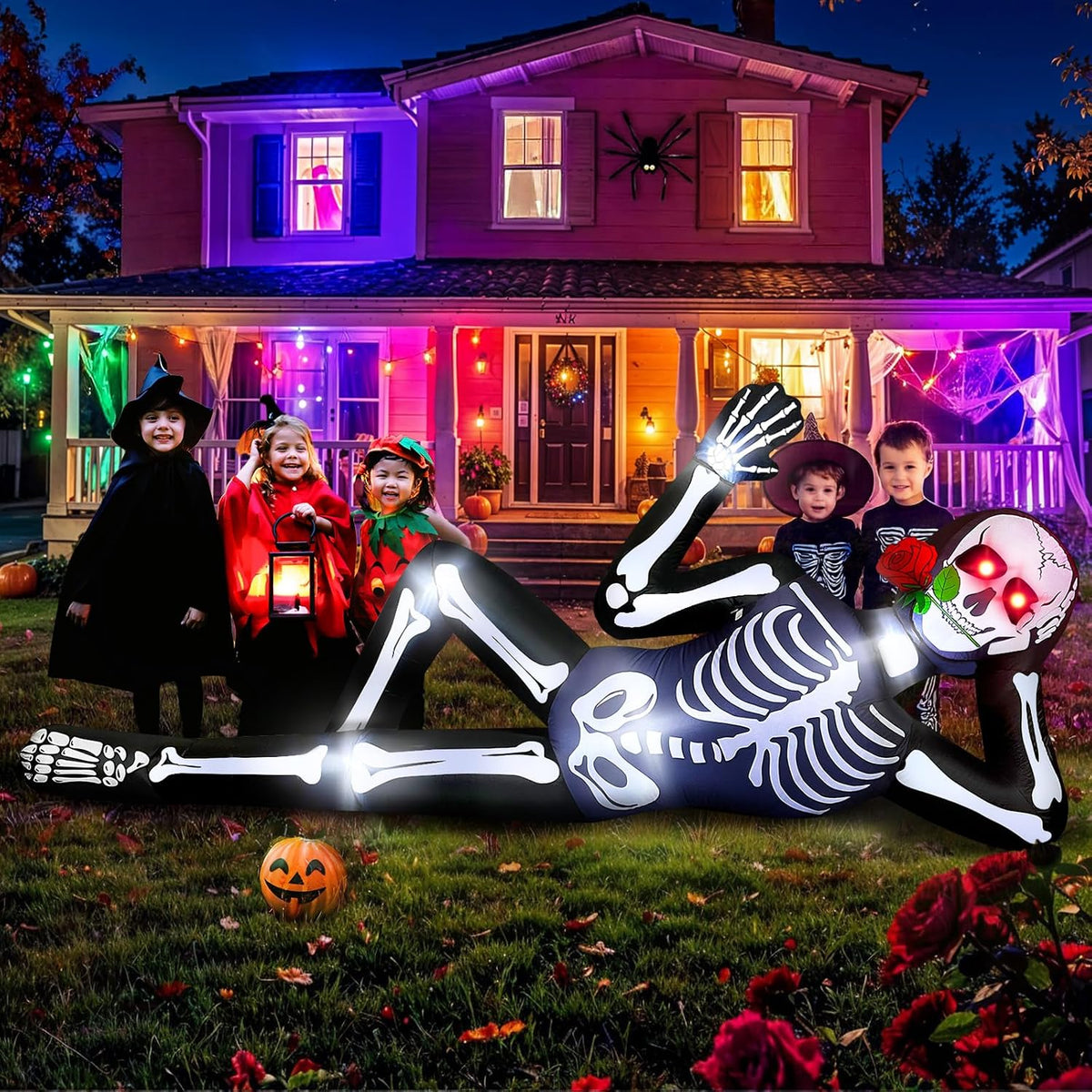 Giant Halloween Inflatables Skeleton Outdoor Decorations Biting a Rose