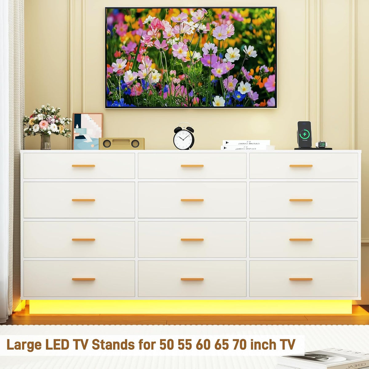 12 drawers dresser w/power outlets for bedroom, 63inch, front angle view