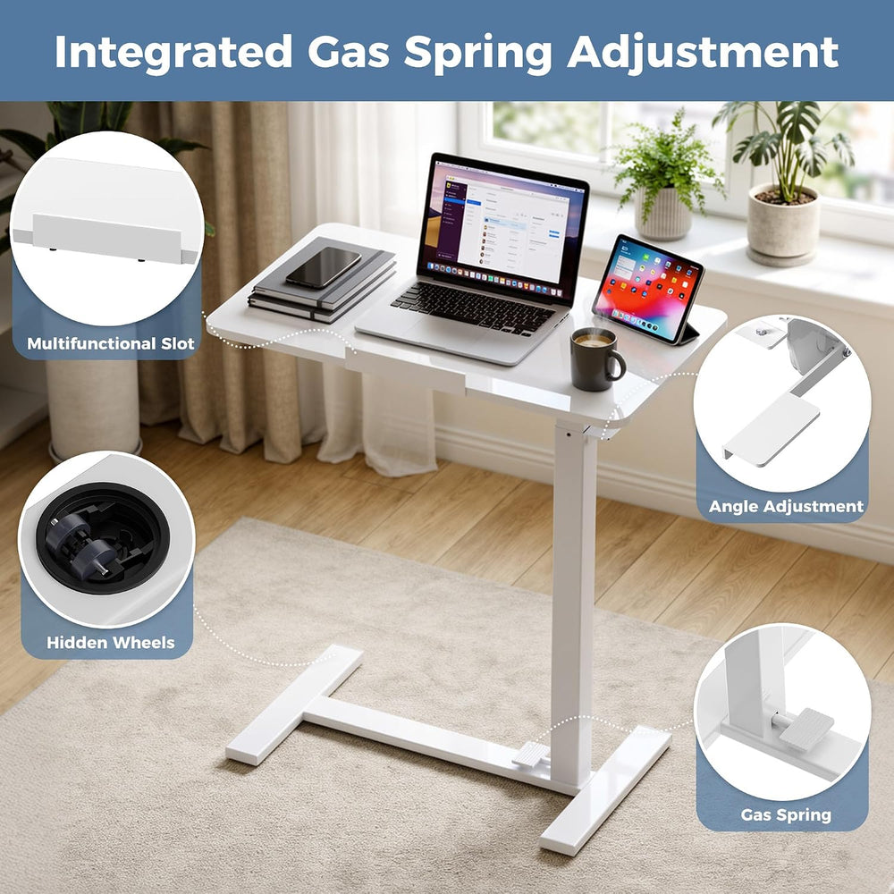 DUMOS Overbed Table with Wheels, Height-Adjustable Bedside Table, White