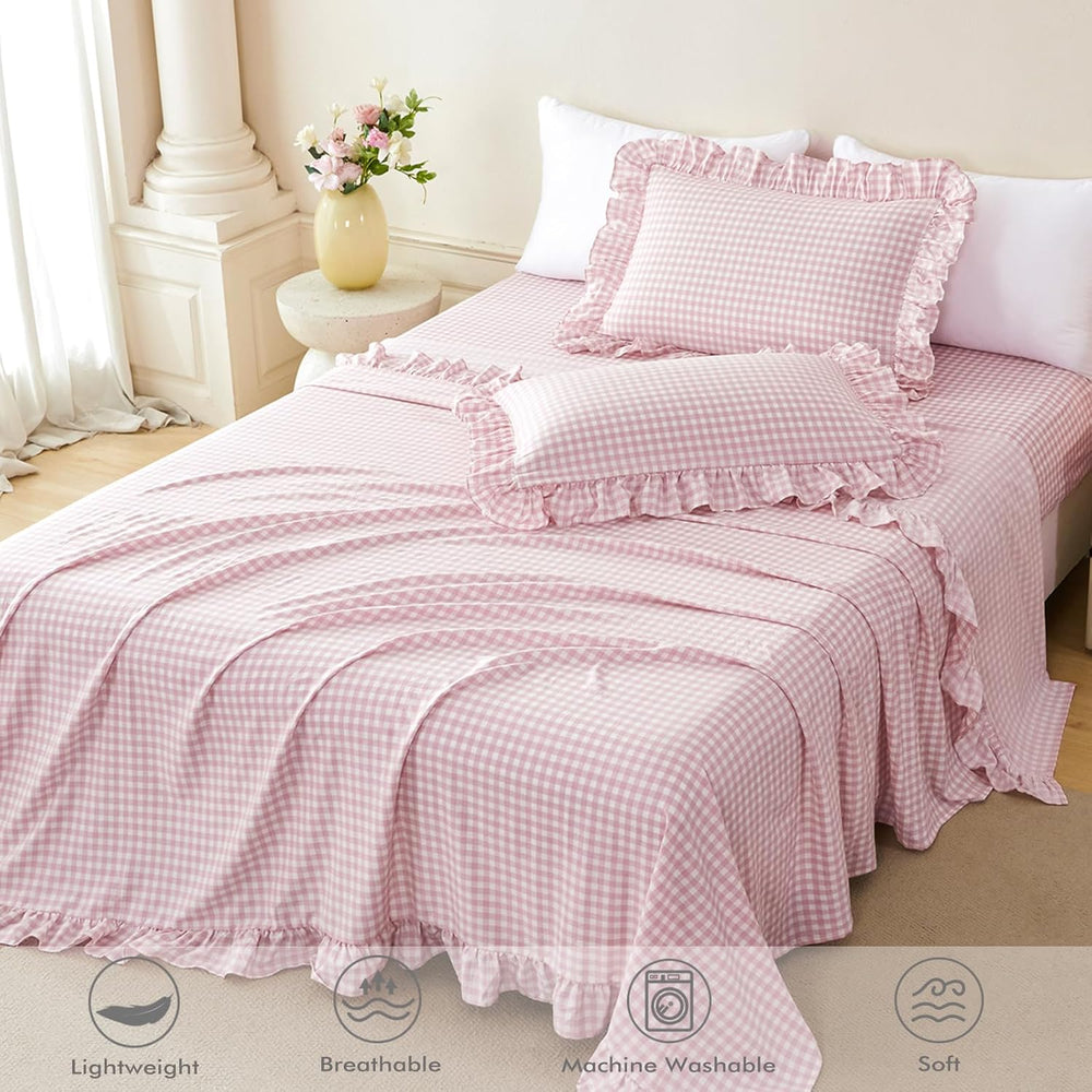 King Gingham Ruffled Sheet Set with 16" Deep Pockets 4 Pieces