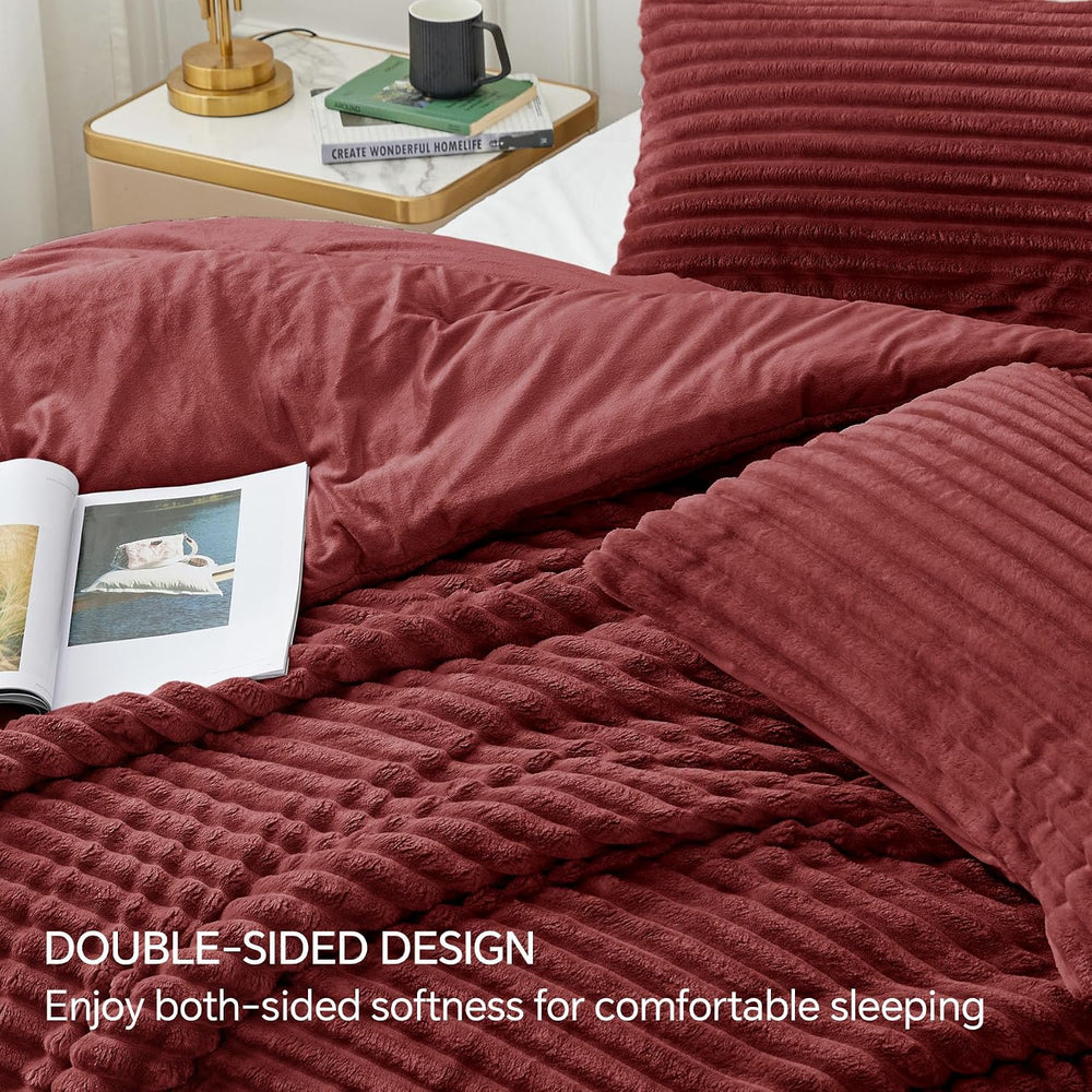 BEDELITE Fleece Queen Comforter Set, Fluffy Bed Set, Burgundy
