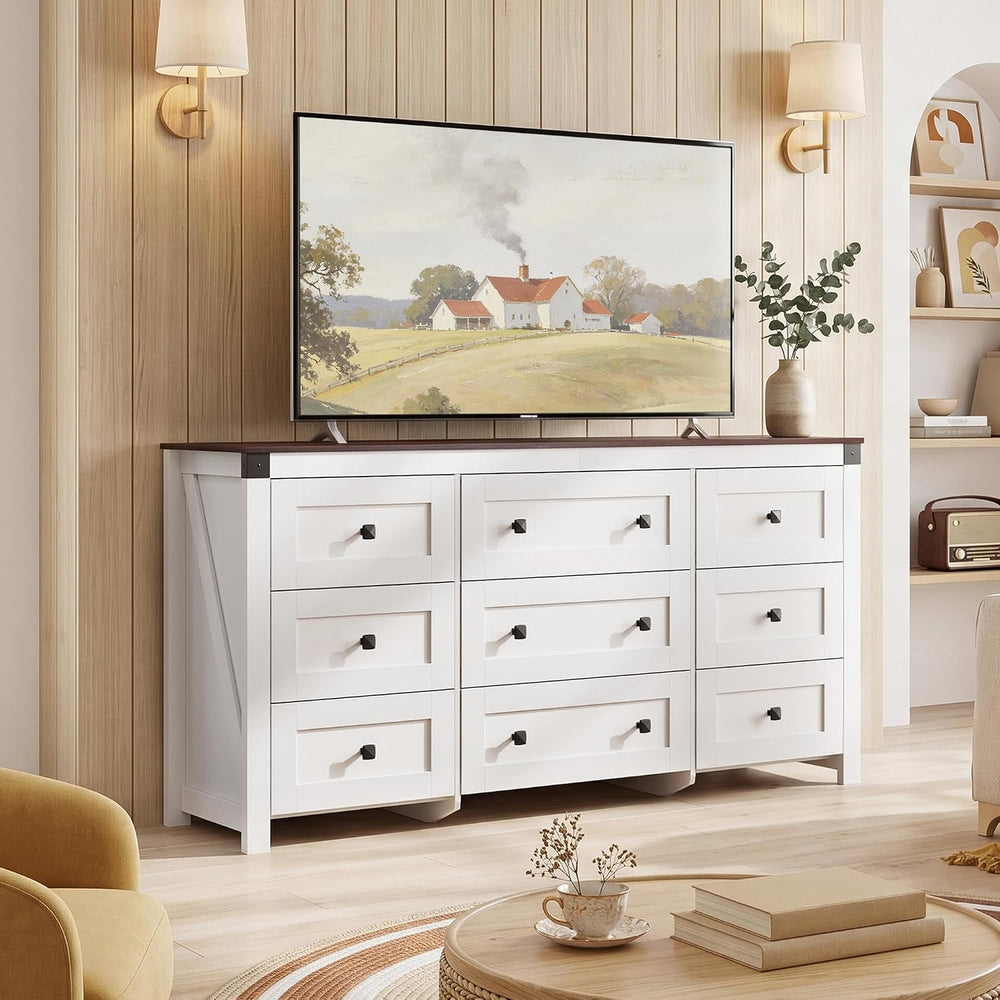 9-Drawer 62.2"W Farmhouse TV Stand for TVs up to 70 Inches, White