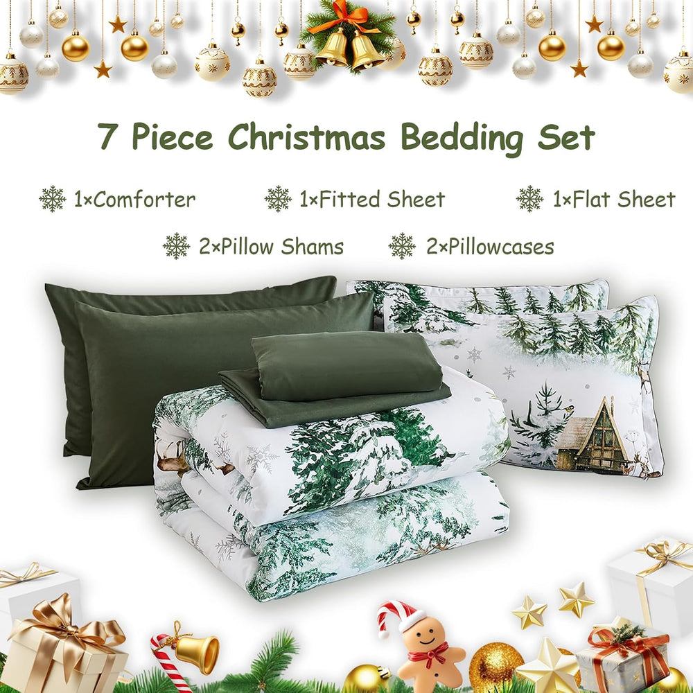 Green Comforter Set 7 Piece Queen Size, Christmas Bedding Set Festive