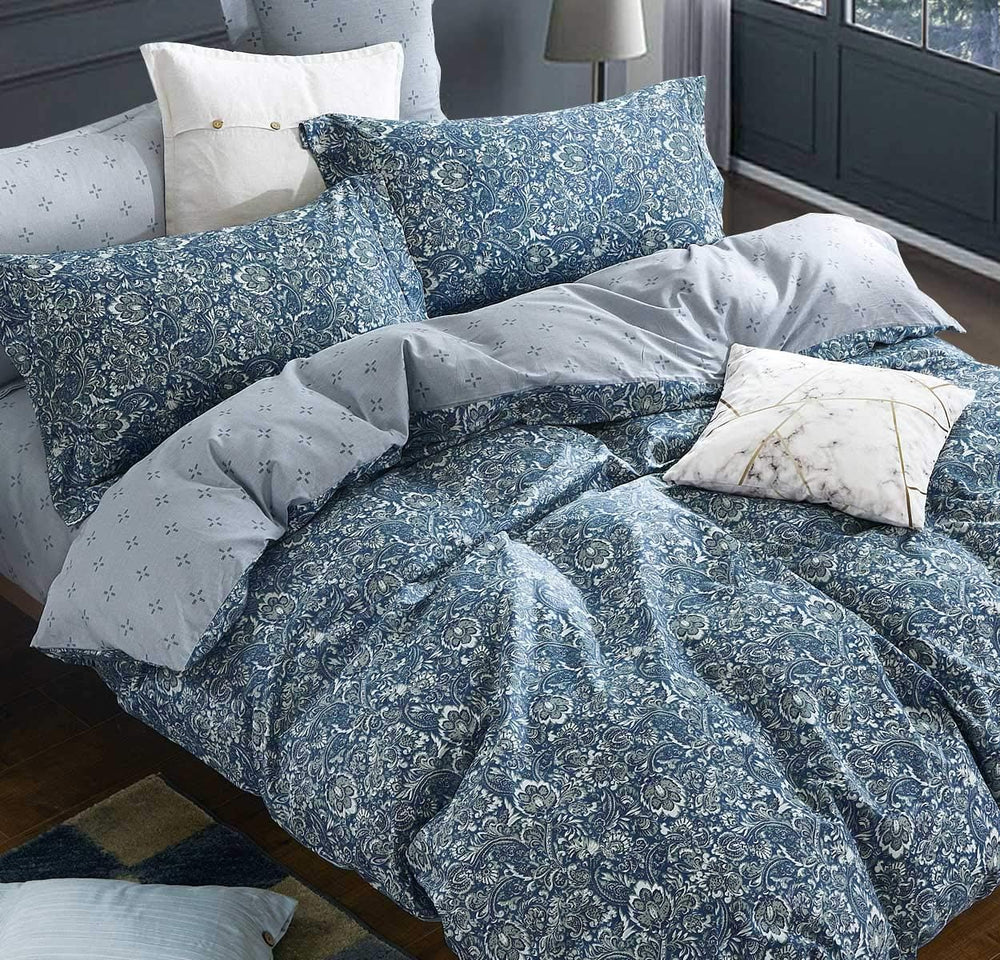 SLEEPBELLA Duvet Cover Queen, 600 Thread Count Cotton Blue & Green Paisle...