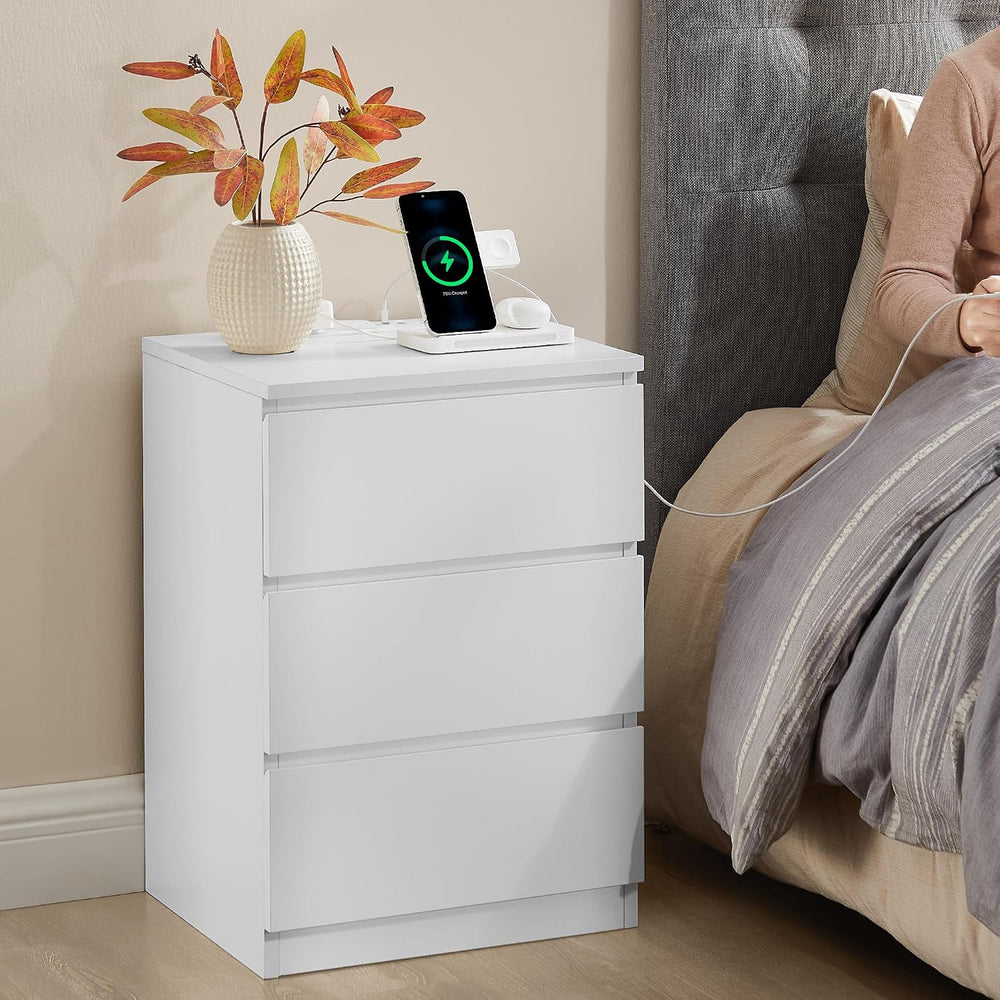 VASAGLE Nightstand with Charging Station, 3 Drawers