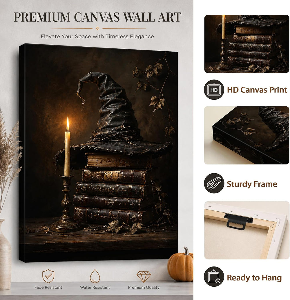 karani Halloween Canvas Wall Art, Witch Hat and Candle Halloween Pictures