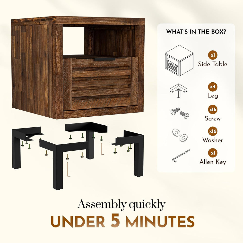 Bme Millie Solid Acacia Wood Rustic Nightstand with Drawers & Open Shelf,...