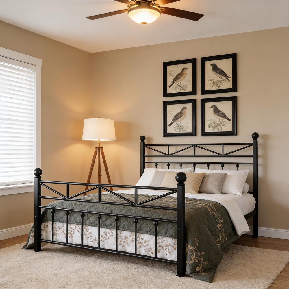 EnHomee Victorian Metal Queen Size Bed Frame,Black, 54-Inch Tall Headboard