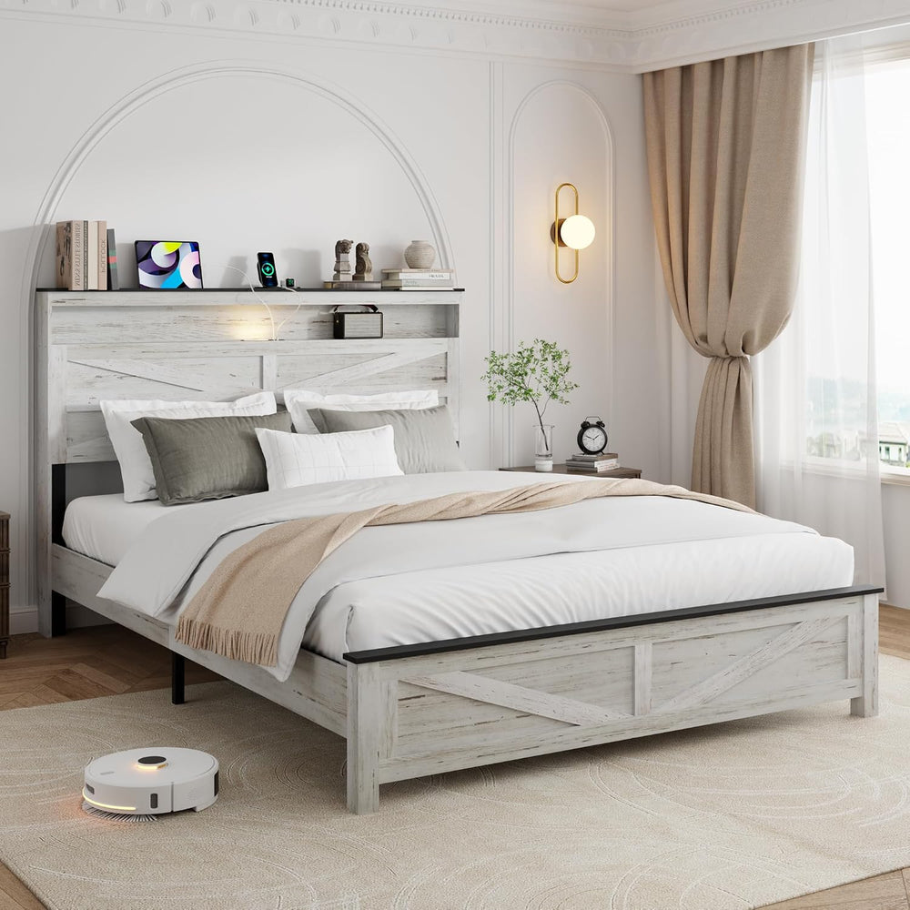 Full Size Bed Frame with Headboard, Rustic Farmhouse Wood Bed Frame with LED ...