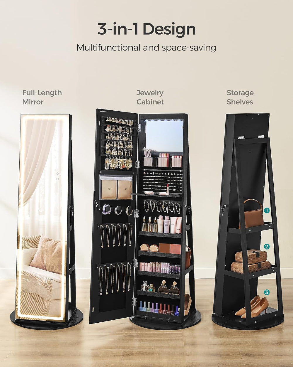 SONGMICS LED Mirror Jewelry Cabinet Standing, Adjustable Lights, Lockable
