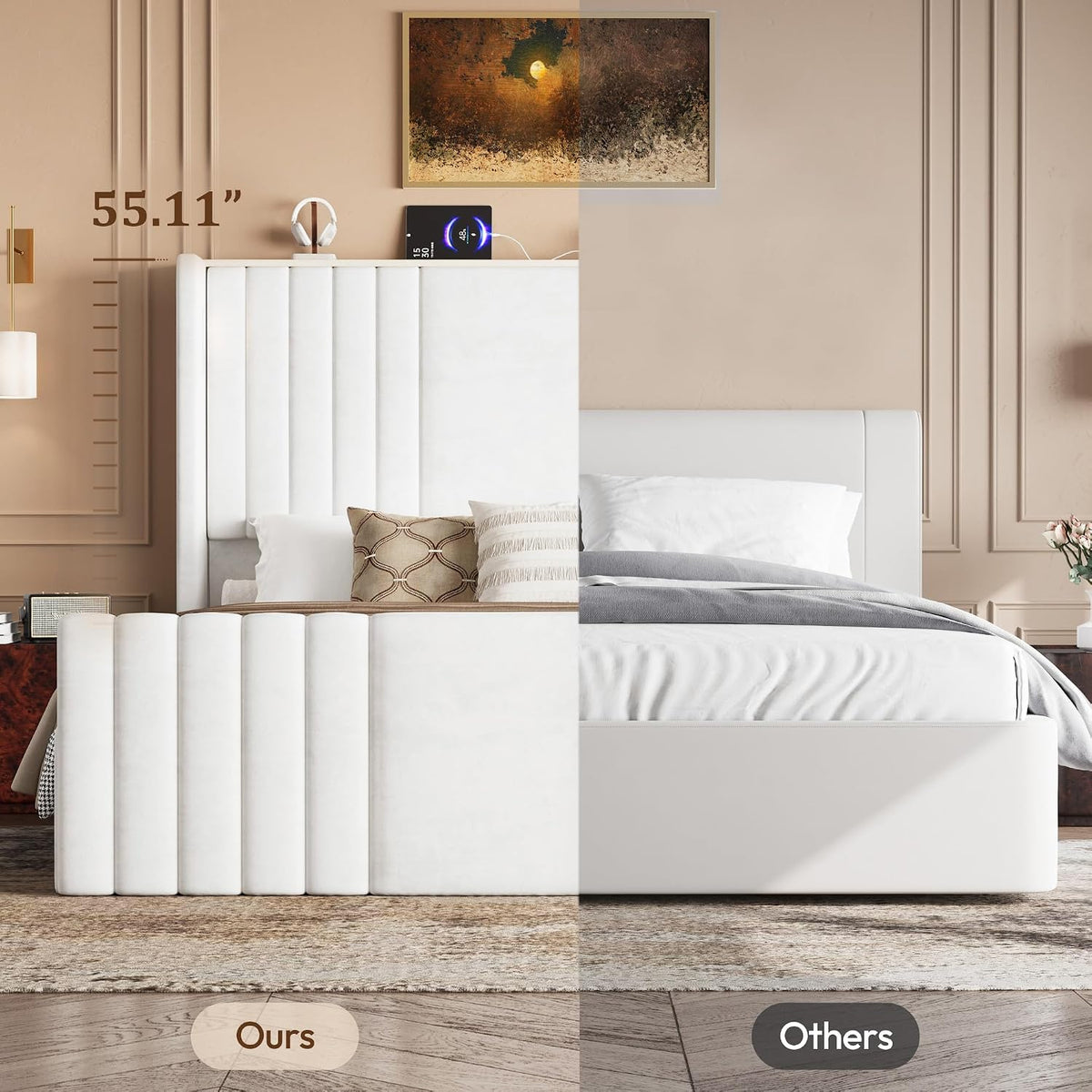 55" tall queen size platform bed frame with, view 9