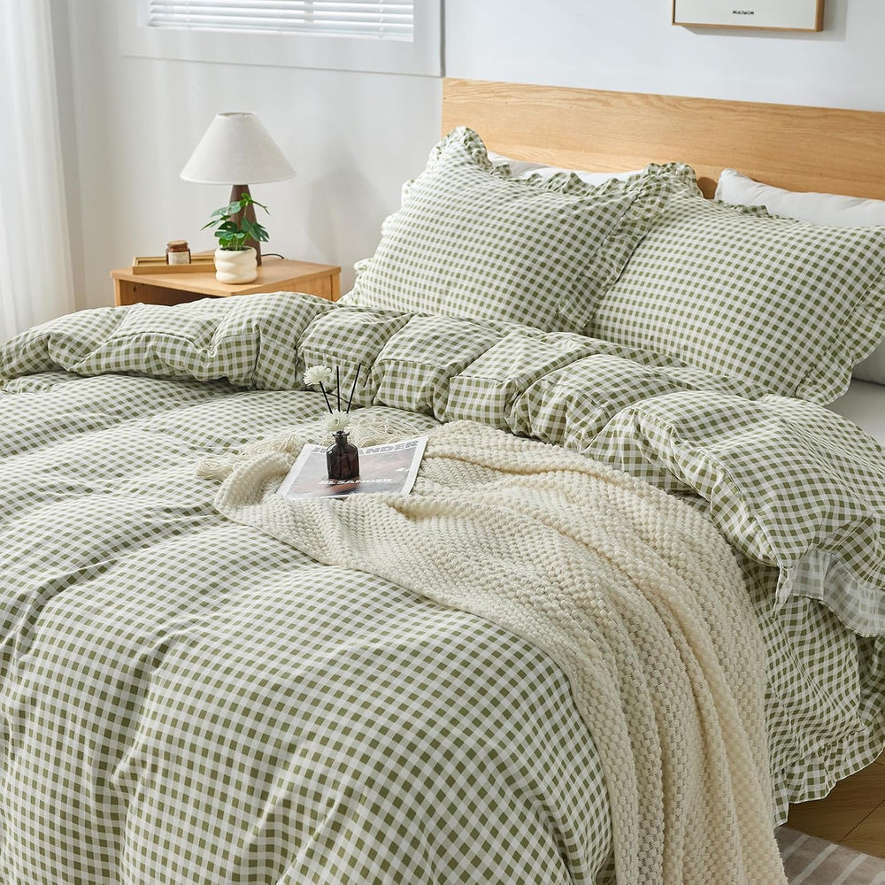 Gingham Duvet Cover Queen Size, 3 Pieces Soft Breathable Microfiber Plaid Duv...